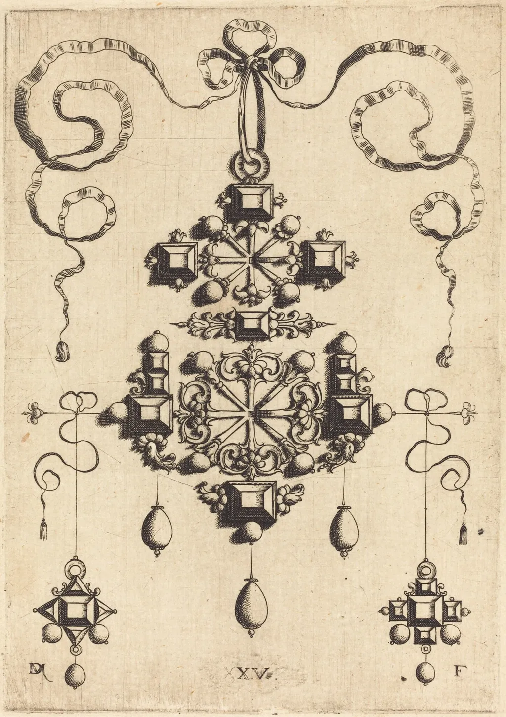 Pendant with Two Double Crosses, Surrounded by Four Diamond-Shaped Stones, Five Table-Stones, and Thirteen Pearls, by Daniel Mignot, ink, 1584