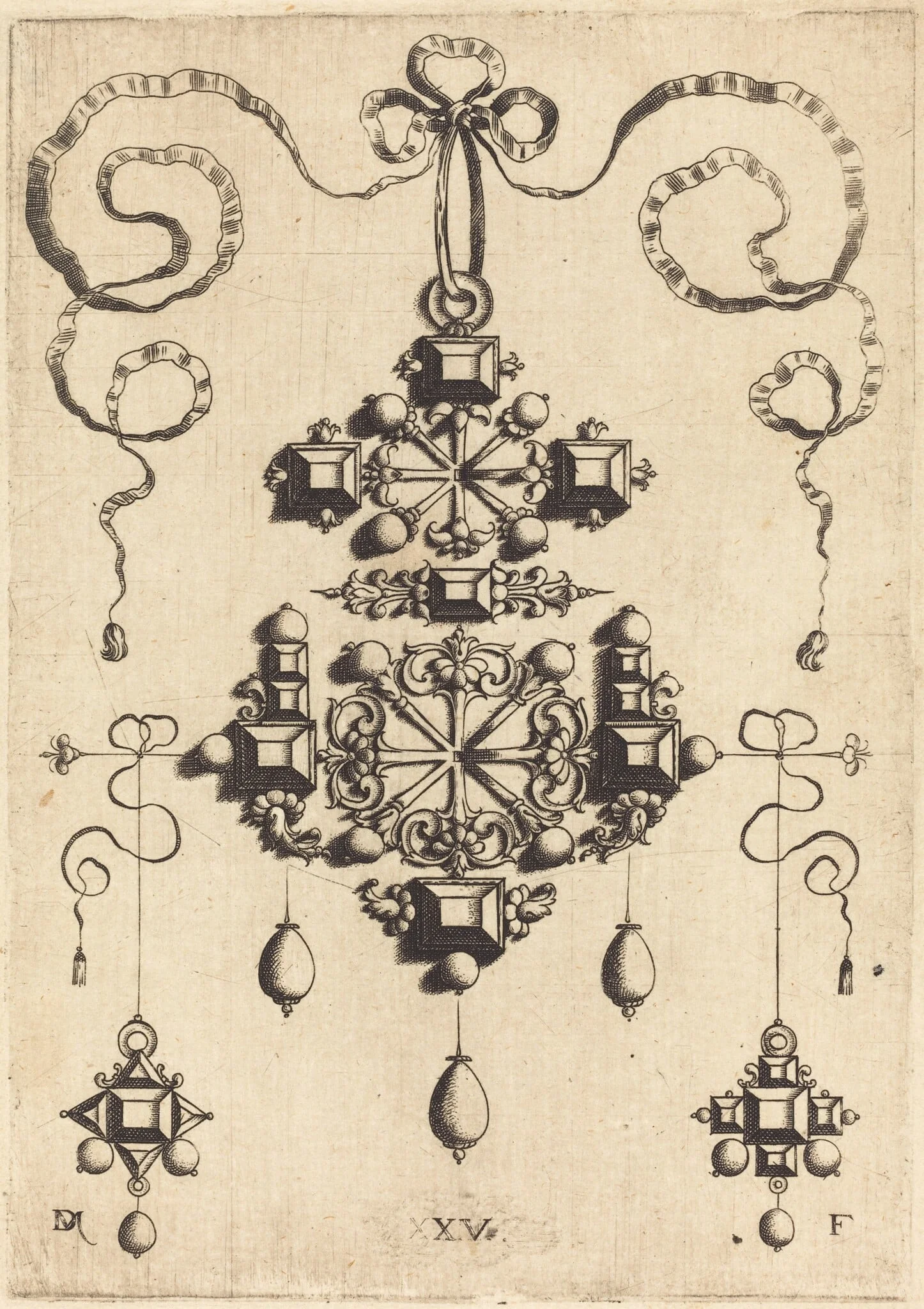Pendant with Two Double Crosses, Surrounded by Four Diamond-Shaped Stones, Five Table-Stones, and Thirteen Pearls, detail