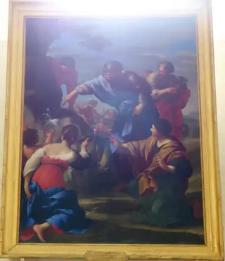 Moses made water gush from the rock, by Giovanni Francesco Romanelli, oil, 1658