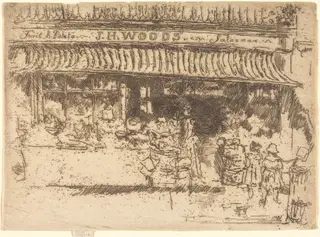 Woods's Fruit Shop, by James McNeill Whistler, ink, 1887