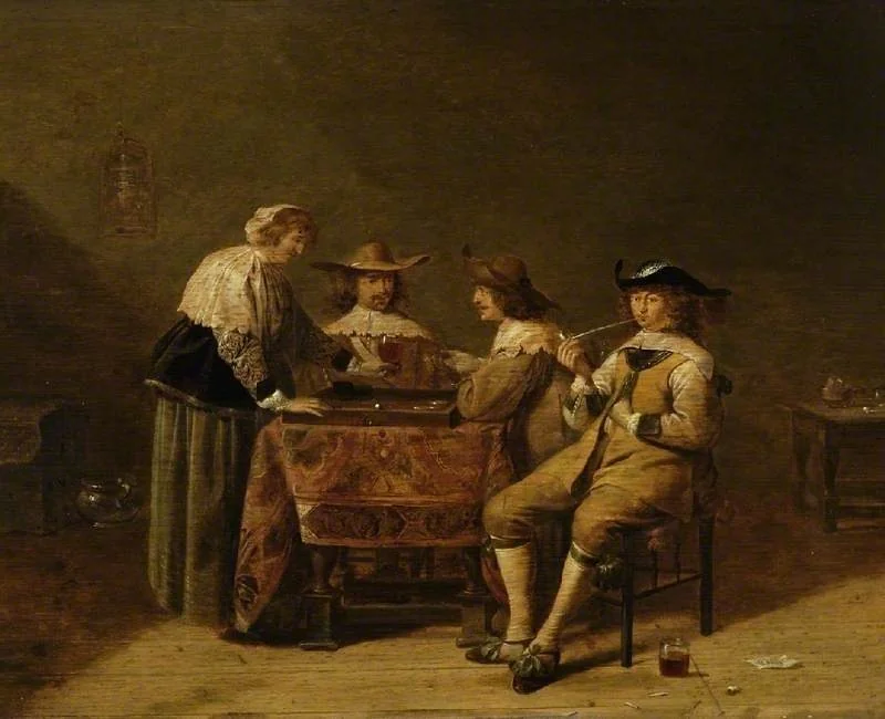 Gentlemen playing backgammon, detail