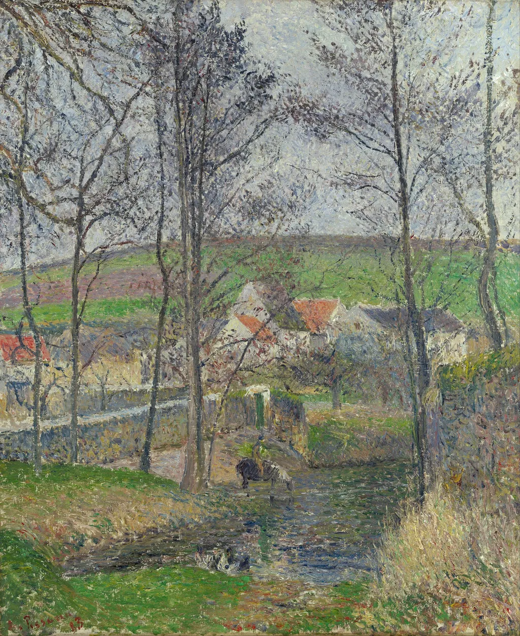 The banks of the Viosne at Osny in grey weather, winter, by Camille Pissarro, oil, 1892