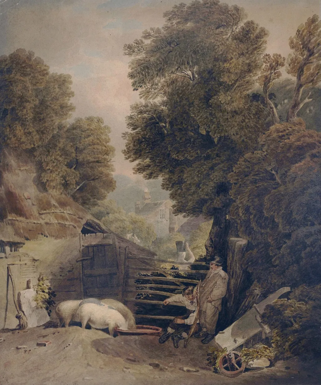Landscape and Figures : Scene in Windsor Forest, by Dorrell, watercolor, 1850
