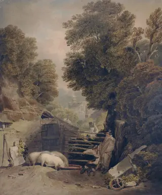 Landscape and Figures : Scene in Windsor Forest, by Dorrell, watercolor, 1850