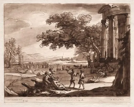 Liber Veritatis:  No. 55, A Landscape with a Temple and a Nymph and Satyr Dancing, by Richard Earlom, 1774
