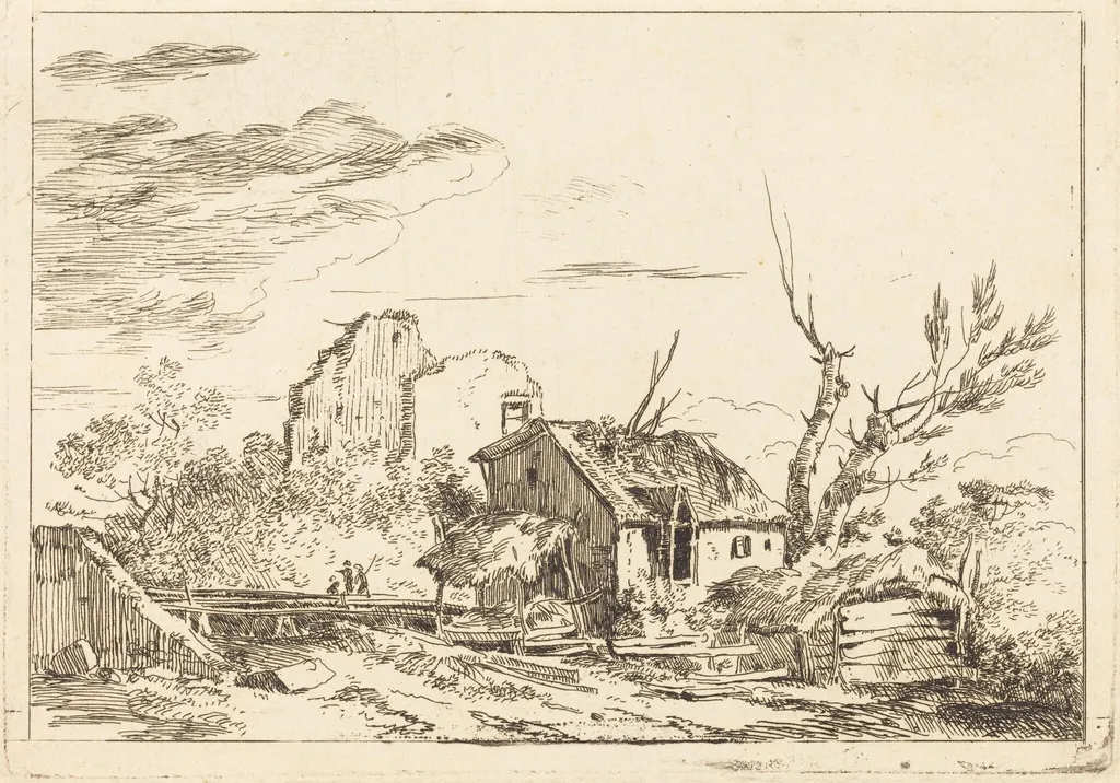 Hovel at the Bridge, by Louis Gabriel Moreau the Elder, ink, 1773