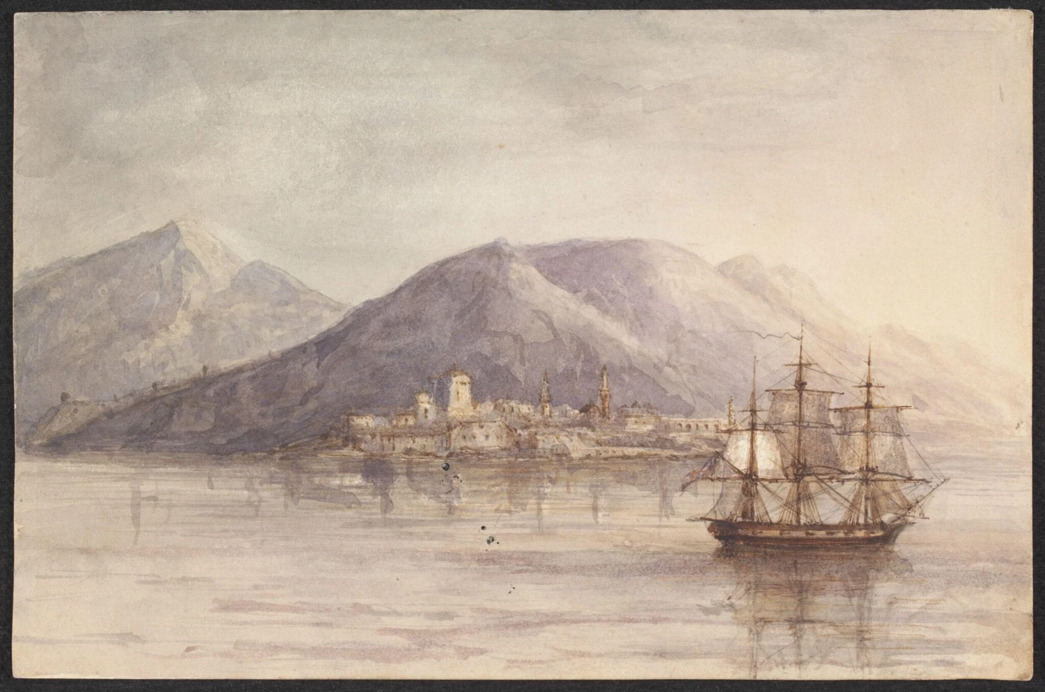 A British warship, lying off a Turkish Port, 1850-1860, detail