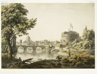 A view of Rome with the Tiber, the Castle of S. Angelo, and in the background St. Peter's, by Jonathan Skelton, watercolor, 1758