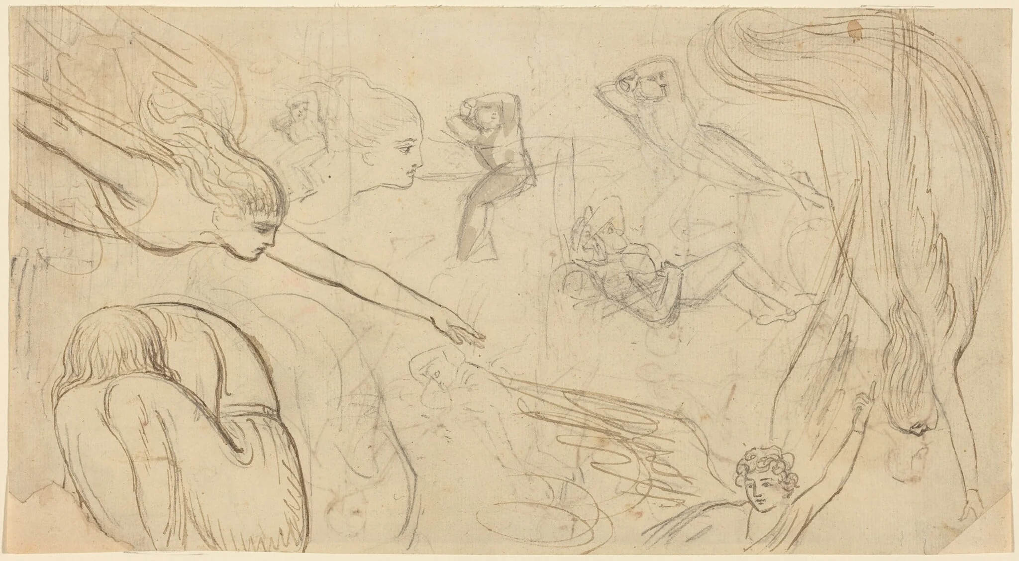 Sheet of Studies with Angels and Cowering Figures (Illustration for Macklin's Bible?), detail