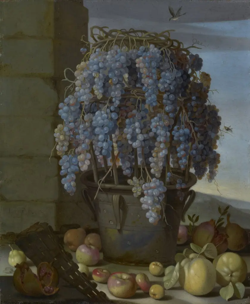 Still Life with Grapes and other Fruit, by Luca Forte, oil, 1630
