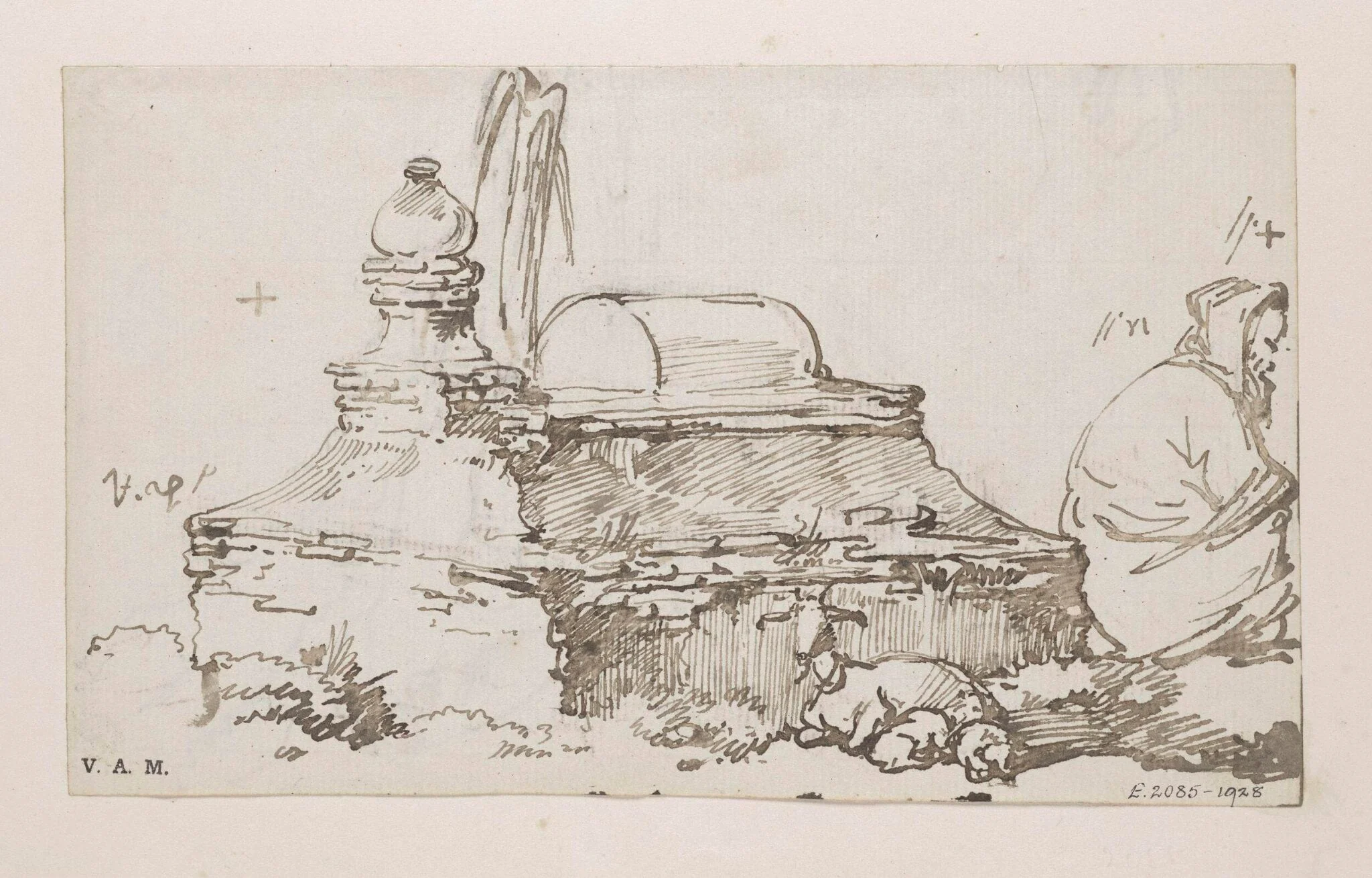 A boatwoman and a goat and kids by a Chinese tomb, detail