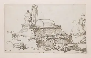 A boatwoman and a goat and kids by a Chinese tomb, by George Chinnery, 19