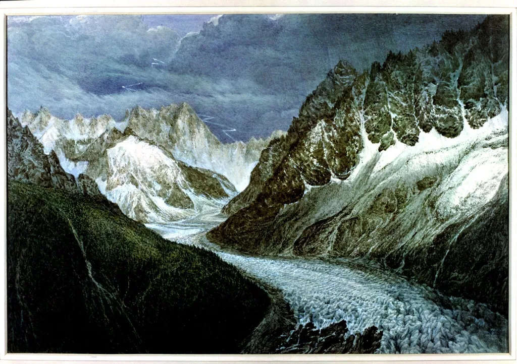 View of the Mer de Glace, with the Aiguille du Moine on the left, and the Grandes Forasses in distance to right, by John Scandrett Harford, watercolor, 1850