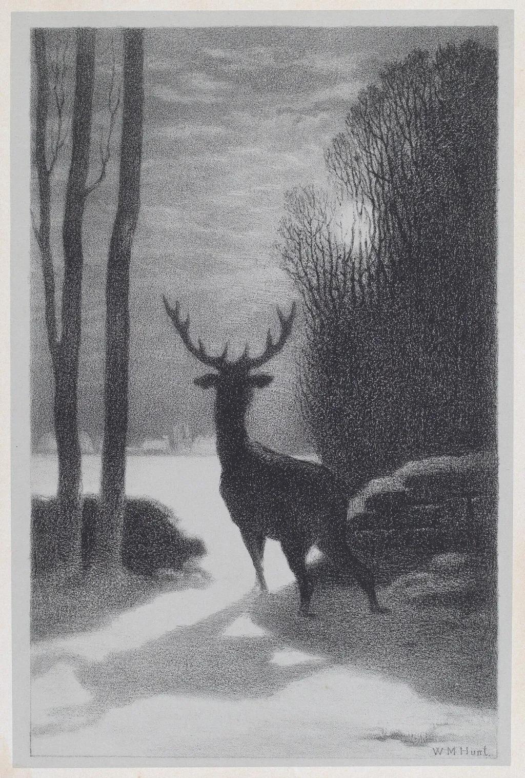 Stag in the Moonlight, by William Morris Hunt, ink, 1857