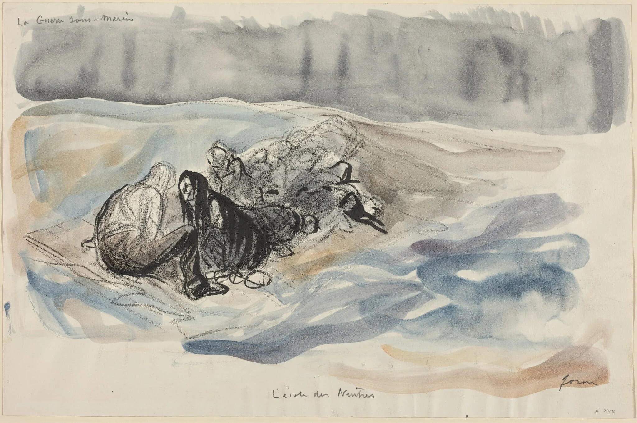 a) La Guerre sous-Marine. L'ecole des Neutres (recto); b) Study of La Guerre sous-Marine. L'ecole des Neutres (verso), detail