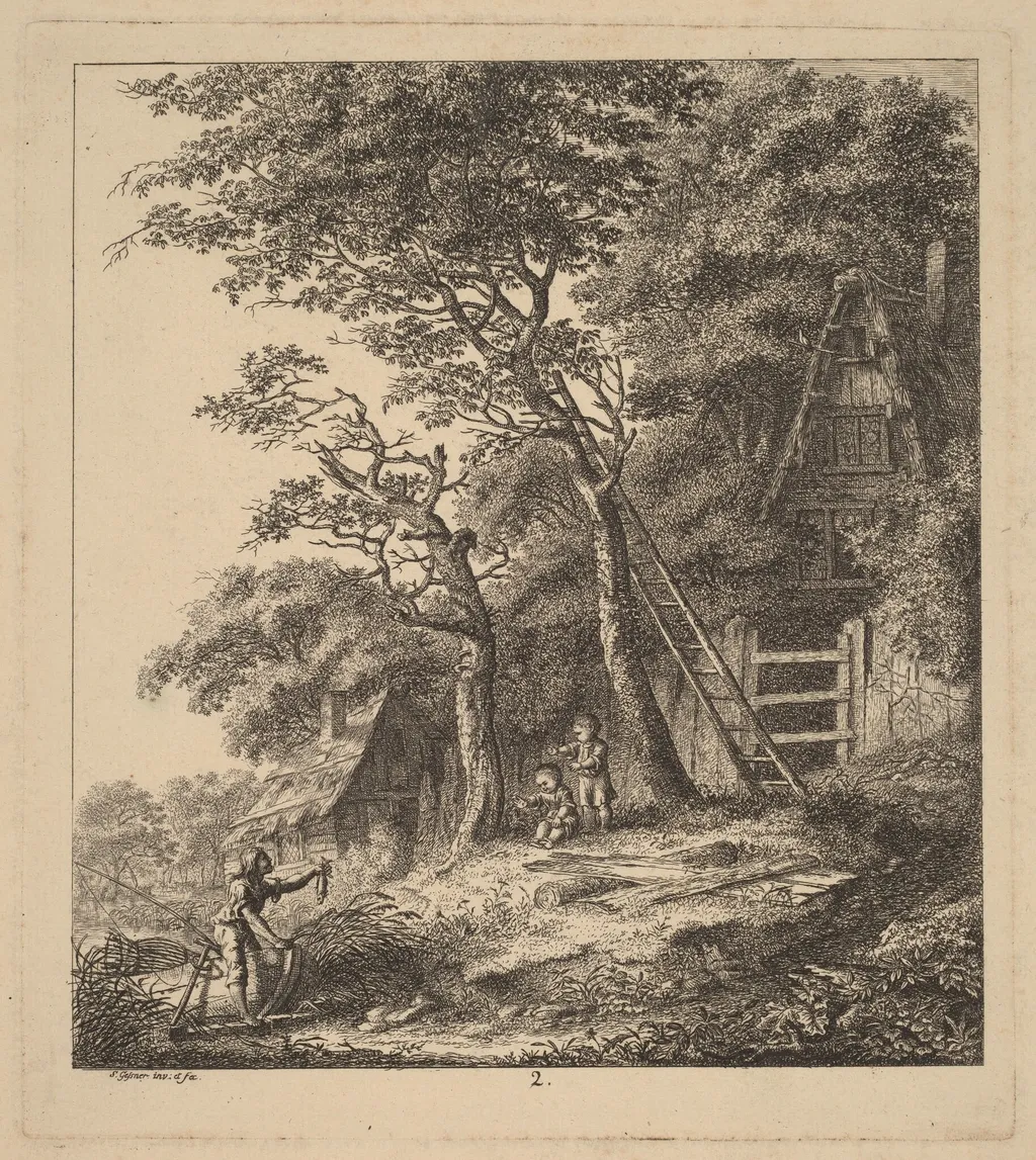 A Fisherman and Two Children in a Landscape with Thatched Cottages, by Salomon Gessner, ink, 1764