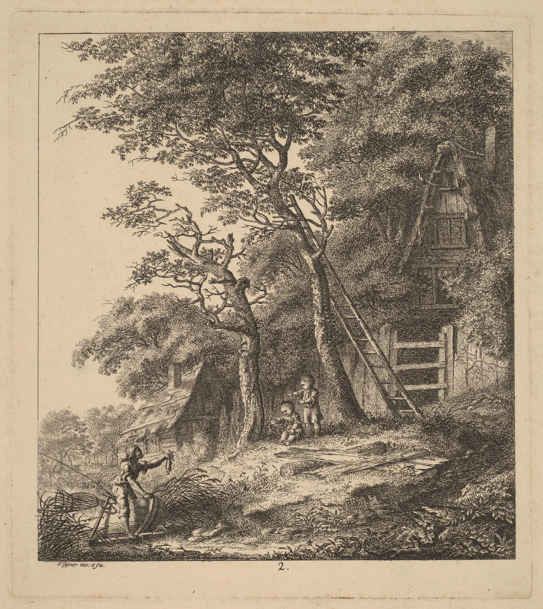 A Fisherman and Two Children in a Landscape with Thatched Cottages, detail