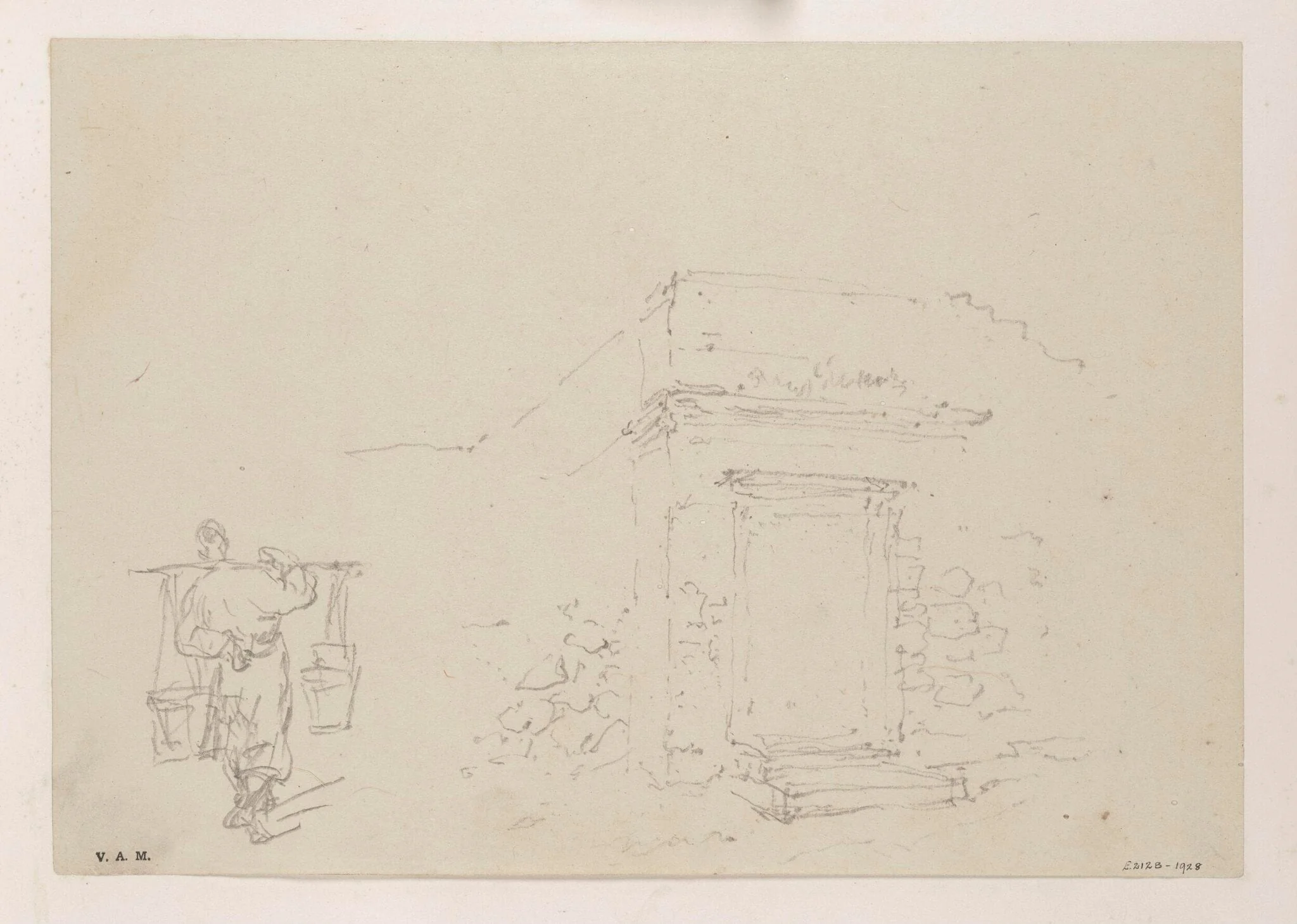 Drawings of a man carrying two pails, and a doorway in a wall, detail
