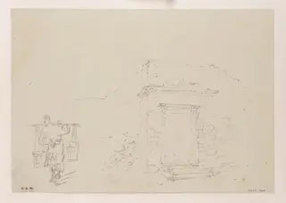 Drawings of a man carrying two pails, and a doorway in a wall, by George Chinnery, 19