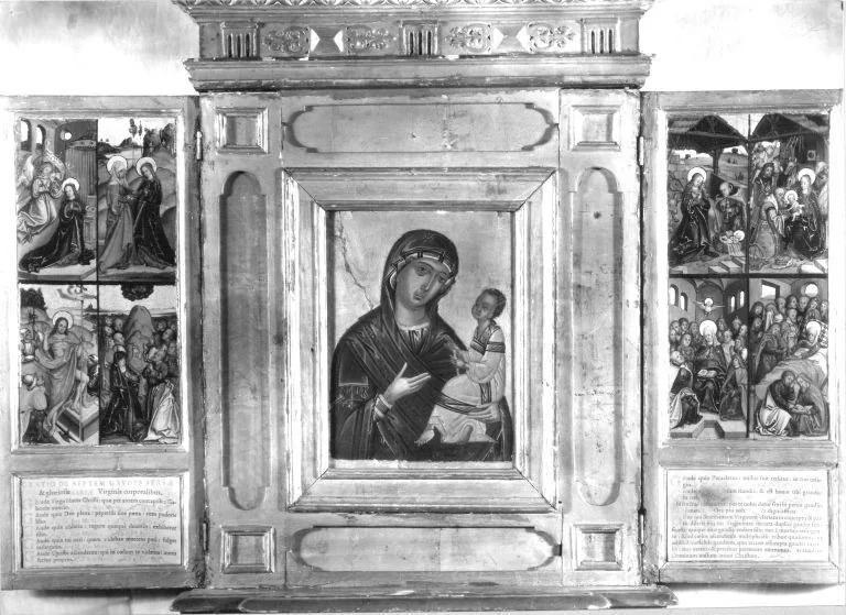 Altärchen mit Ikone und Darstellung der Sieben Freuden und Schmerzen Mariens, detail