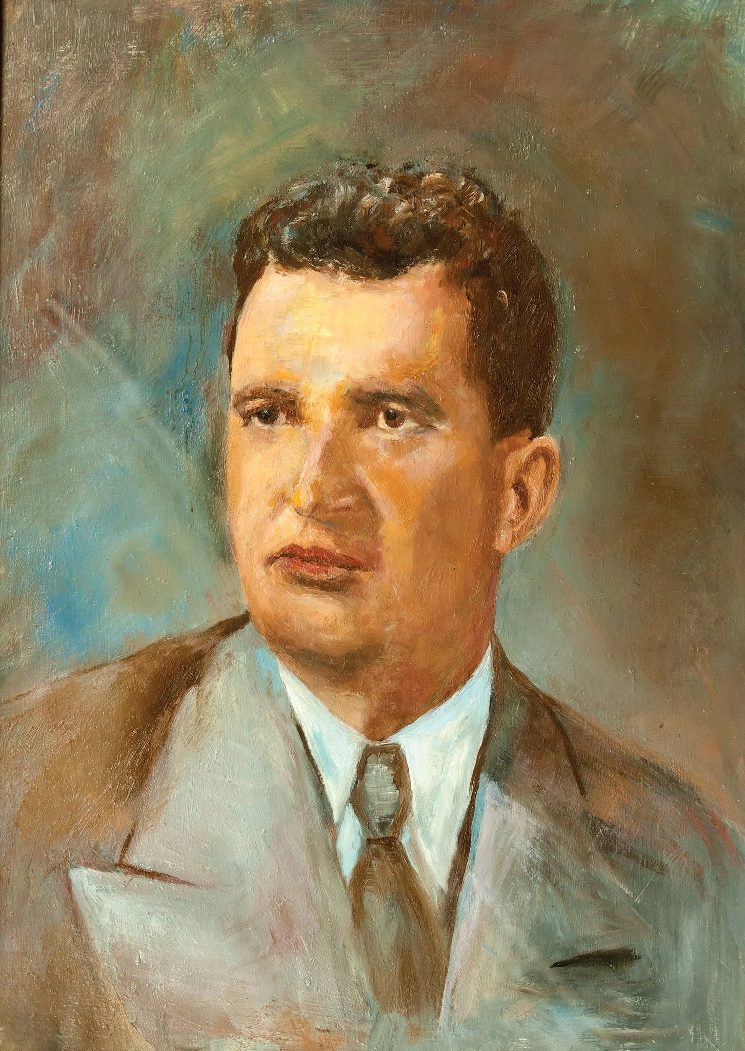 Tablou, pictură pe șevalet, ”Nicolae Ceaușescu”, nesemnat, atribuit Elena Popovici Brăila. Tablou realizat după primul portret oficial a lui Nicolae Ceaușescu. Oferit cadou de autoare, Elena Popovici Brăila din Câmpulung Muscel, lui Nicolae Ceaușescu cu ocazia aniversării zilei de naștere, ianuarie 1978., detail
