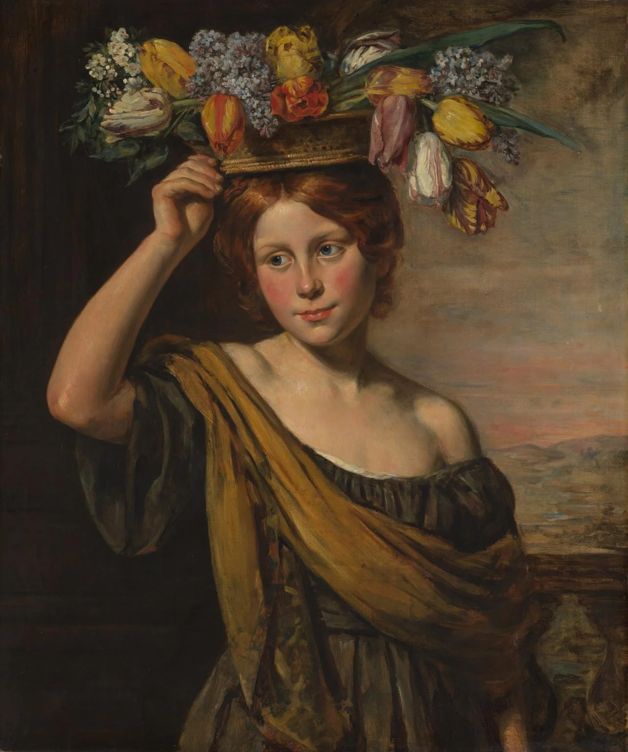 A girl with a basket of tulips, lilacs and other flowers, on a balcony before a landscape, detail