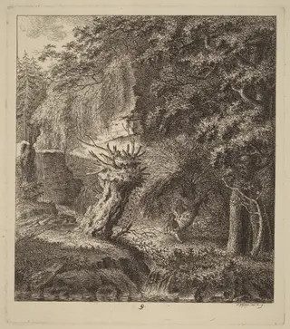 Wooded Landscape with a Pollarded Tree, by Salomon Gessner, ink, 1764