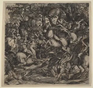 Battle of Nude Men, by Domenico Campagnola, ink, 1517