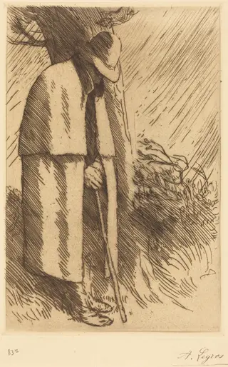 Traveler taking Shelter (Le voyageur a l'abri), by Alphonse Legros, ink, 1874