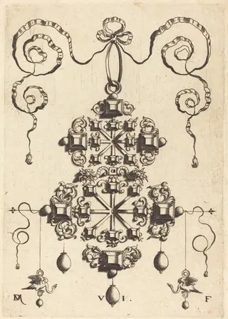 Large Pendant with Two Double Crosses, Surrounded by Six Large and Sixteen Small Table-Stones, by Daniel Mignot, ink, 1584