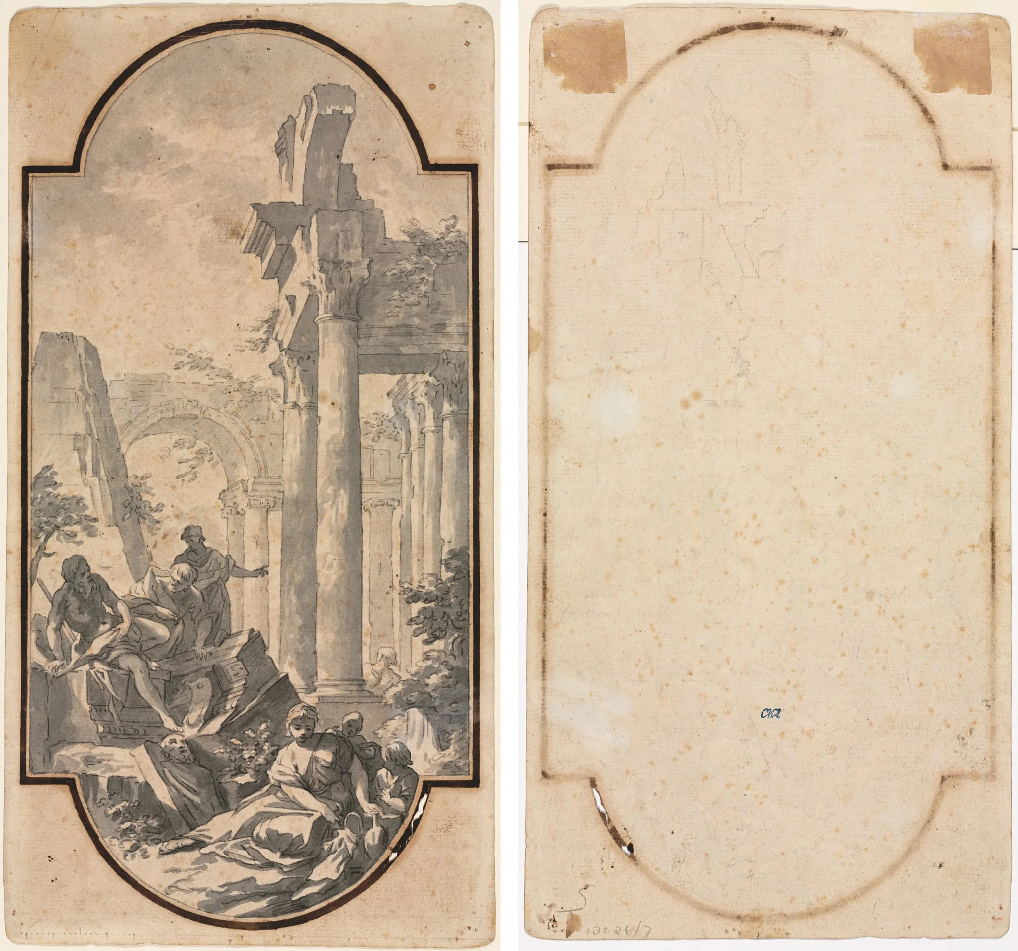 Figures Near the Ruins of a Corinthian Temple (recto); Fragment of an Arch (tracing from recto) (verso), detail