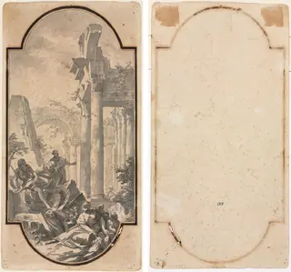 Figures Near the Ruins of a Corinthian Temple (recto); Fragment of an Arch (tracing from recto) (verso), by Andrea Locatelli, 1704