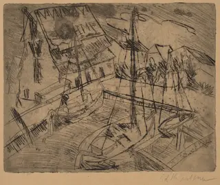 Harbor at Burgstaaken, by Ernst Ludwig Kirchner, ink, 1913