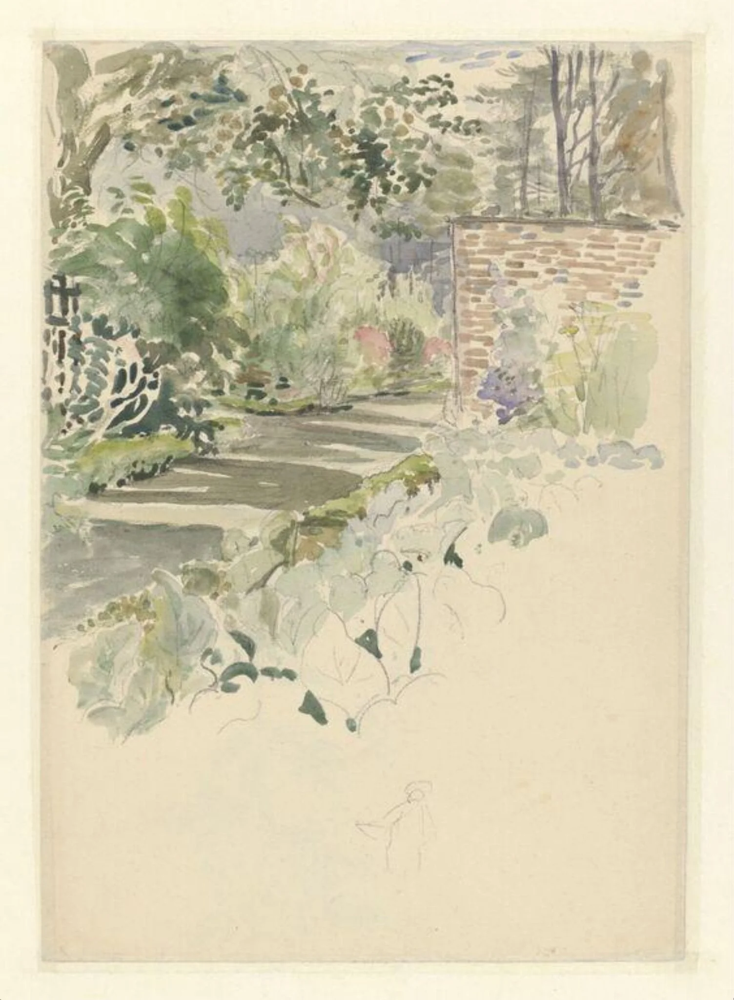 Sketch of the garden at Gwaynynog for the frontispiece of <i>The Tale of the Flopsy Bunnies</i>, detail