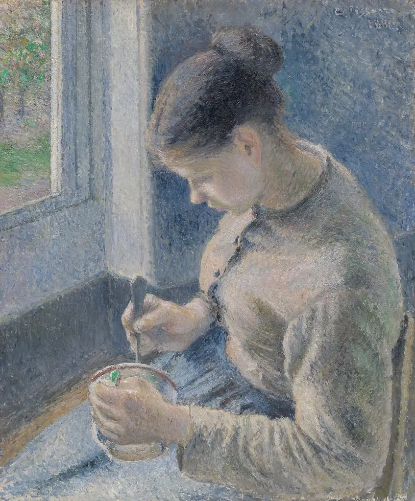Young Peasant Having Her Coffee, by Camille Pissarro, oil, 1891