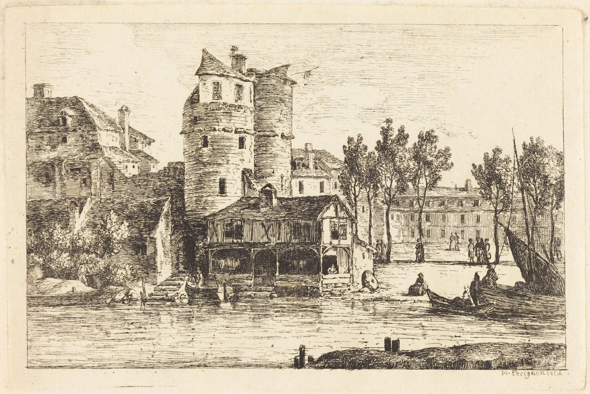Town on a River Bank with Two Round Towers, detail
