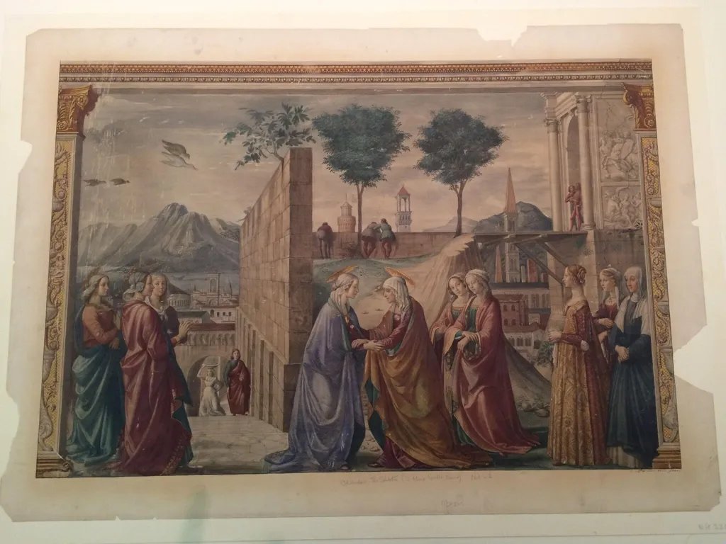 Watercolour, copy after The Visitation, Domenico Ghirlandaio in the Tornabuoni Chapel, Santa Maria Novella (Florence), by Domenico Ghirlandaio, watercolor
