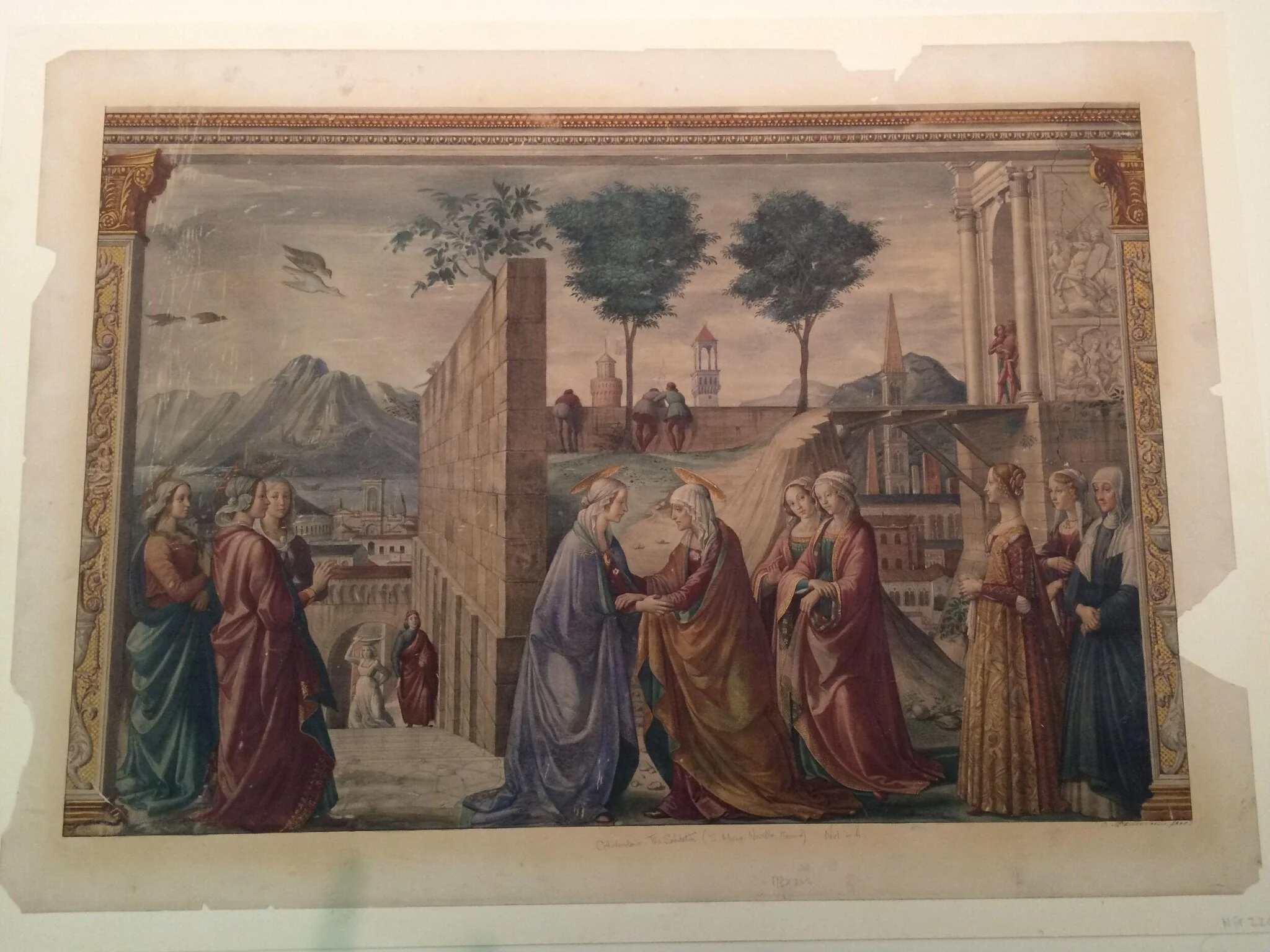 Watercolour, copy after The Visitation, Domenico Ghirlandaio in the Tornabuoni Chapel, Santa Maria Novella (Florence), detail