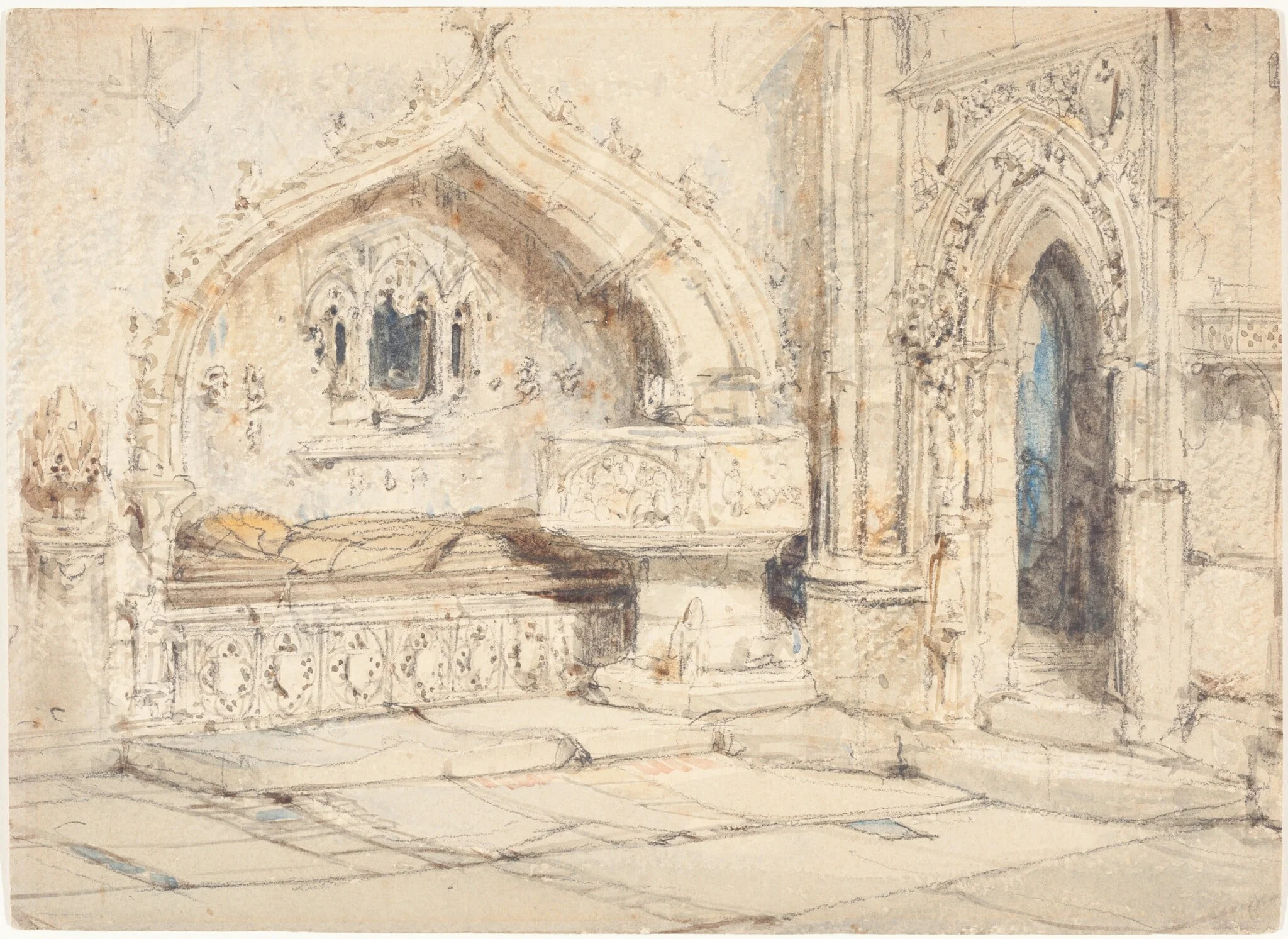 Interior of a Church with a Wall Tomb and Medieval Font, detail