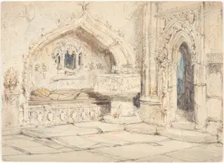 Interior of a Church with a Wall Tomb and Medieval Font, by Louis Haghe, graphite, 1852