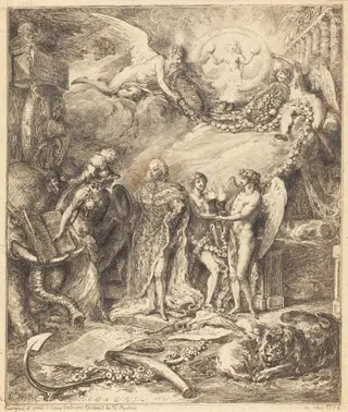 Allegorie sur la mariage du Comte de Provence, by Gabriel de Saint-Aubin, graphite, 1771
