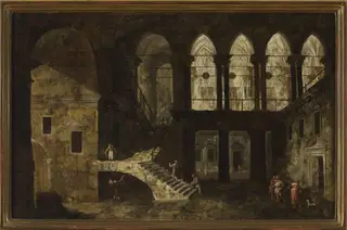 Architectural fantasy featuring a palace courtyard, by Michele Marieschi, oil, 1738