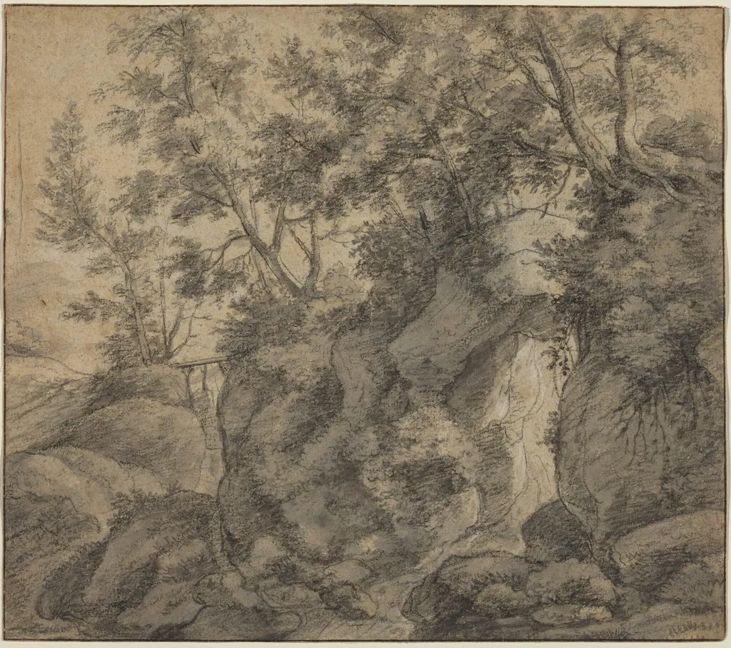 Landscape with a Wooded Ravine, by Antonie Waterloo, chalk, 1650