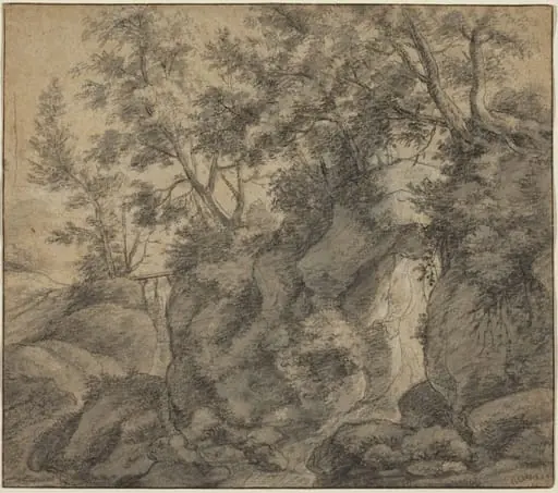 Landscape with a Wooded Ravine, by Antonie Waterloo, chalk, 1650
