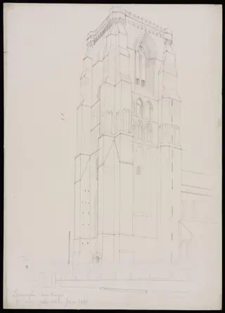 W. tower of the church, Lisseweghe, by Somers Clarke, 1867