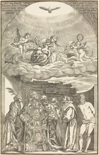 The Virgin in Clouds and Six Saints, by John Baptist Jackson, ink, 1742