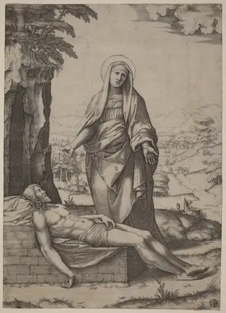 The Lamentation of the Virgin, by Marcantonio Raimondi, ink, 1510