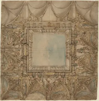 A Ceiling Decoration with Landscapes and Battles, by Lazzaro Tavarone, chalk, 1620