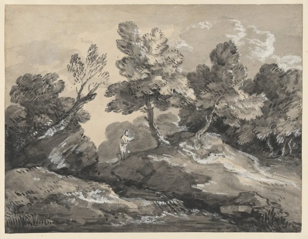 A Rocky Wooded Landscape with a Figure by a Stream, by Thomas Gainsborough, ink, 1781