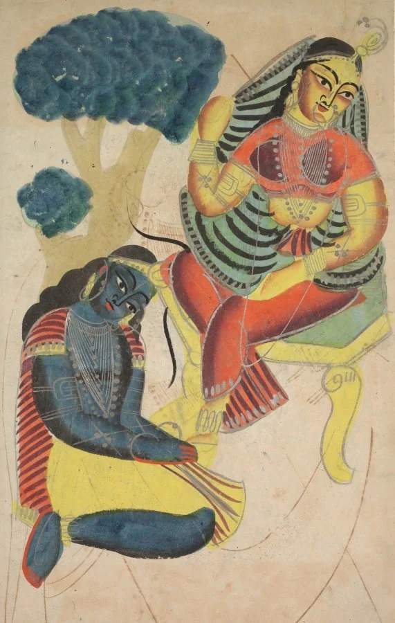 Krishna Stroking Radha's Feet (verso), from a Kalighat album, detail